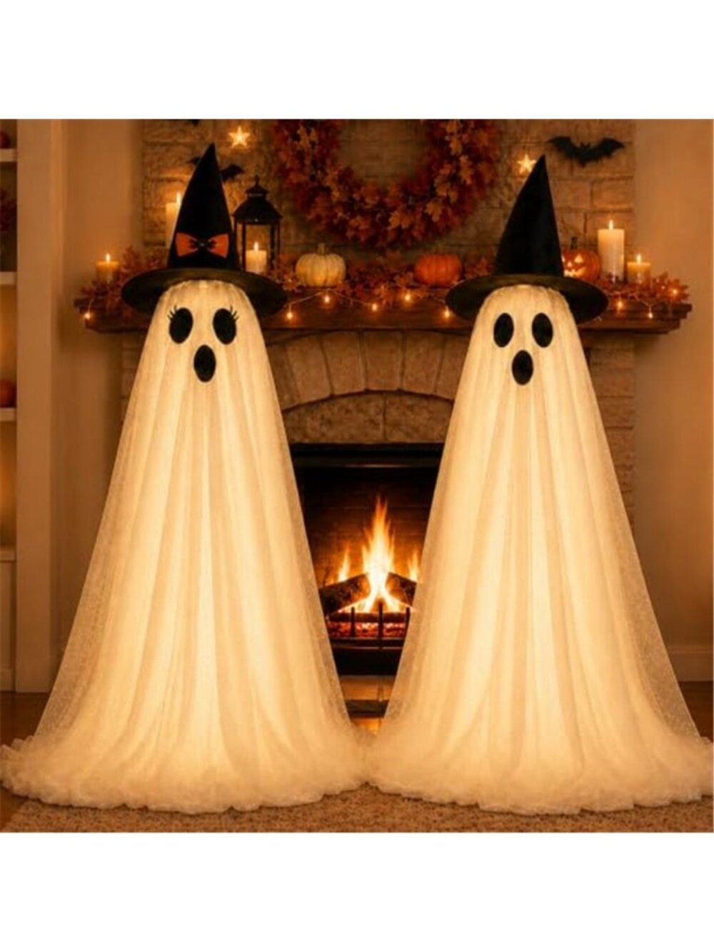 2 Pack Lighted Halloween Ghost Decorations with Witch Hats, Battery Operated